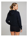 Rockwear Comfort Touch Long Sleeve Hoodie in Black, women's relaxed fit hoodie with soft interior, hip-length design, and hood for cozy athleisure style.
