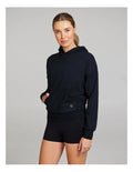 Rockwear Comfort Touch Long Sleeve Hoodie in Black, women's relaxed fit hoodie with soft interior, hip-length design, and hood for cozy athleisure style.
