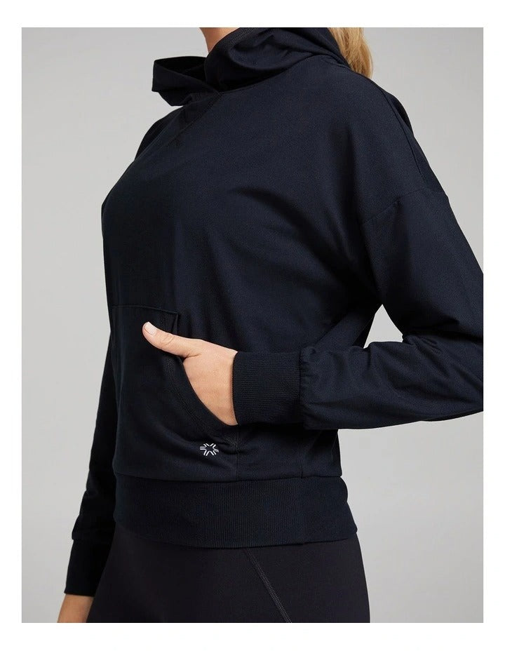 Rockwear Comfort Touch Long Sleeve Hoodie in Black, women's relaxed fit hoodie with soft interior, hip-length design, and hood for cozy athleisure style.