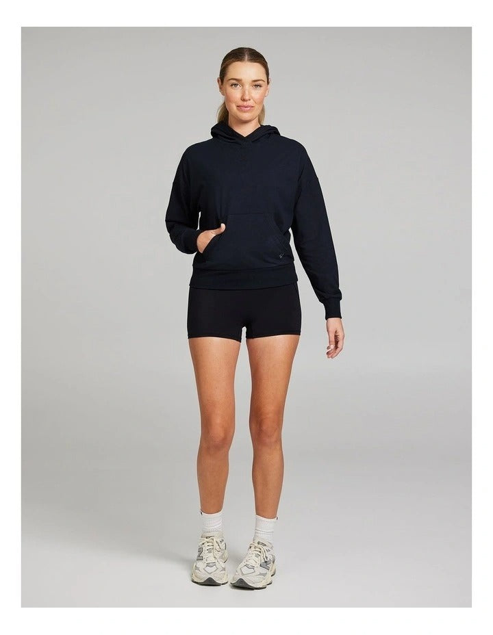 Rockwear Comfort Touch Long Sleeve Hoodie in Black, women's relaxed fit hoodie with soft interior, hip-length design, and hood for cozy athleisure style.