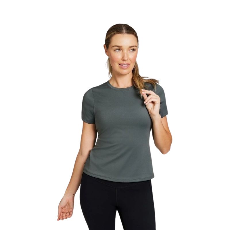 Rockwear Base Layer Travel Tee in Khaki, women’s fitted tee for casual chic comfort, perfect for travel, workouts, and everyday wear.