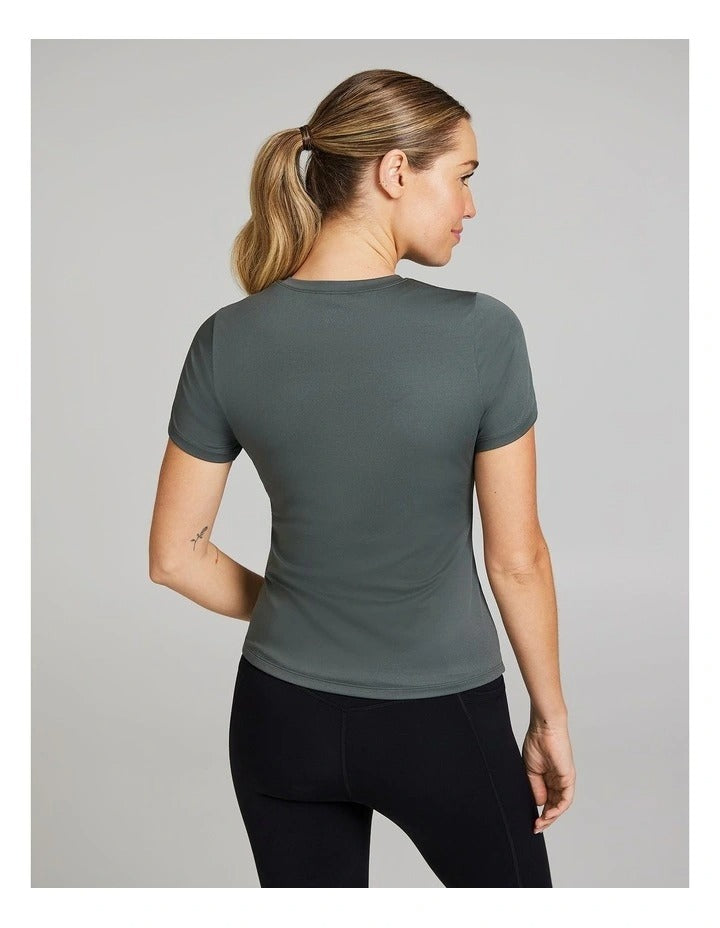 Rockwear Base Layer Travel Tee in Khaki, women’s fitted tee for casual chic comfort, perfect for travel, workouts, and everyday wear.