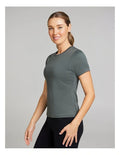 Rockwear Base Layer Travel Tee in Khaki, women’s fitted tee for casual chic comfort, perfect for travel, workouts, and everyday wear.