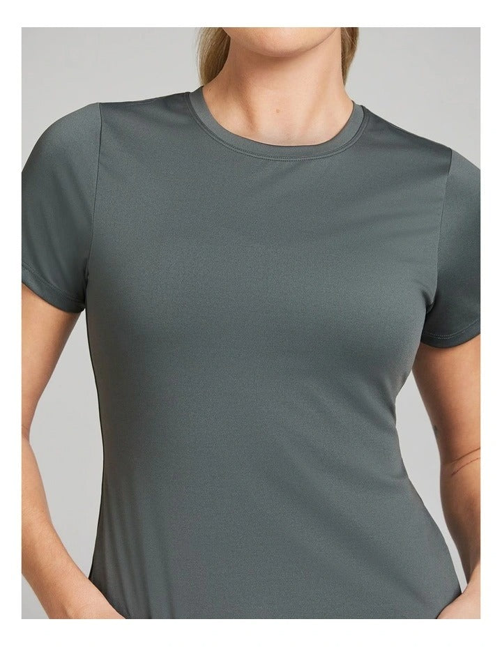 Rockwear Base Layer Travel Tee in Khaki, women’s fitted tee for casual chic comfort, perfect for travel, workouts, and everyday wear.