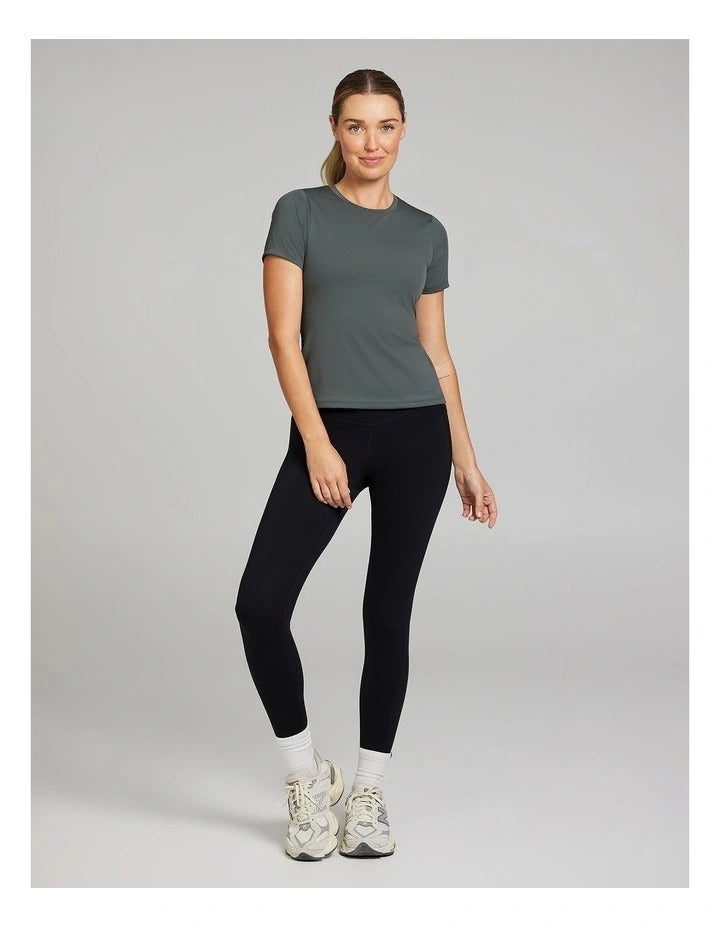 Rockwear Base Layer Travel Tee in Khaki, women’s fitted tee for casual chic comfort, perfect for travel, workouts, and everyday wear.