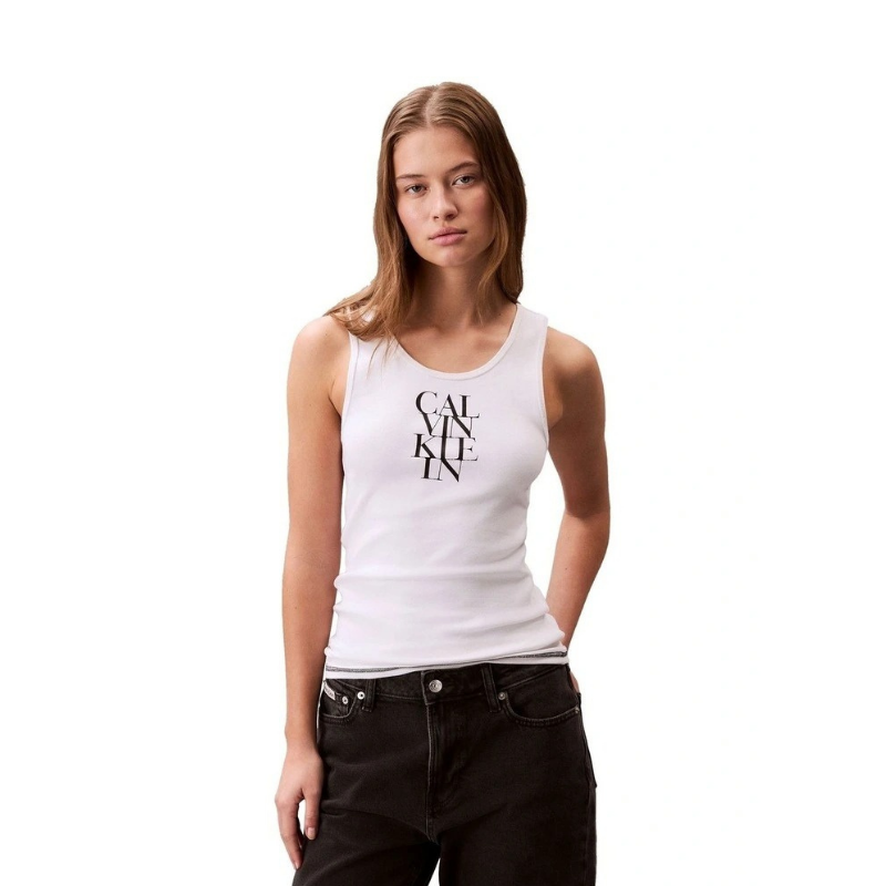 Calvin Klein Jeans white ribbed tank top with slim fit, scoop neck, sleeveless design and bold printed logo graphic at center