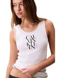 Calvin Klein Jeans white ribbed tank top with slim fit, scoop neck, sleeveless design and bold printed logo graphic at center