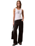 Calvin Klein Jeans white ribbed tank top with slim fit, scoop neck, sleeveless design and bold printed logo graphic at center