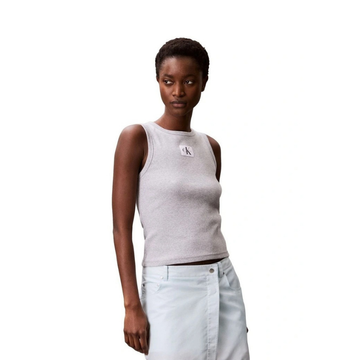 Calvin Klein Jeans grey ribbed cotton tank top with slim fit, scoop neckline, sleeveless design and woven monogram logo patch
