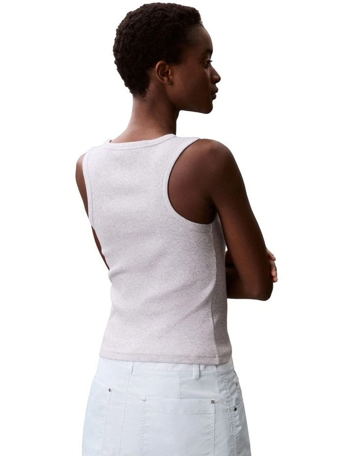 Calvin Klein Jeans grey ribbed cotton tank top with slim fit, scoop neckline, sleeveless design and woven monogram logo patch