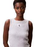Calvin Klein Jeans grey ribbed cotton tank top with slim fit, scoop neckline, sleeveless design and woven monogram logo patch