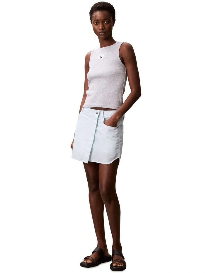 Calvin Klein Jeans grey ribbed cotton tank top with slim fit, scoop neckline, sleeveless design and woven monogram logo patch