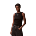 Calvin Klein Jeans black ribbed cotton tank top with slim fit, scoop neck, sleeveless design and woven monogram logo patch