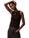 Calvin Klein Jeans black ribbed cotton tank top with slim fit, scoop neck, sleeveless design and woven monogram logo patch