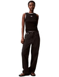 Calvin Klein Jeans black ribbed cotton tank top with slim fit, scoop neck, sleeveless design and woven monogram logo patch
