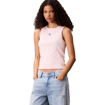 Calvin Klein Jeans pink ribbed cotton tank top with slim fit, scoop neck, sleeveless design, and woven monogram logo patch