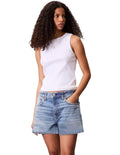 Calvin Klein Jeans white ribbed cotton tank top with slim fit, scoop neck, sleeveless design and woven monogram logo patch