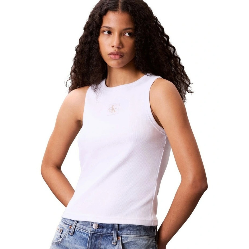Calvin Klein Jeans white ribbed cotton tank top with slim fit, scoop neck, sleeveless design and woven monogram logo patch