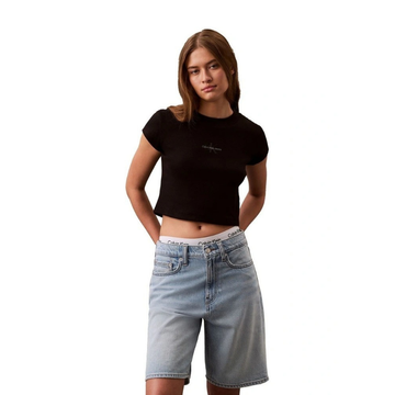 Calvin Klein Jeans black monogram baby tee with slim fit, cropped ribbed fabric, short sleeves, crew neckline and signature logo graphic