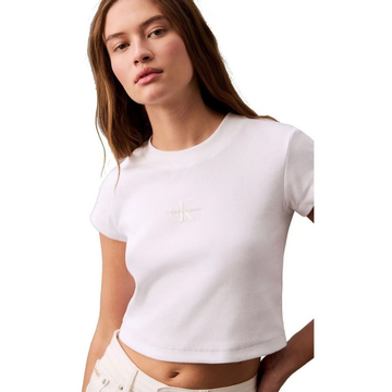 Calvin Klein Jeans white monogram baby tee with slim fit, cropped length, ribbed cotton stretch fabric, short sleeves and crew neck