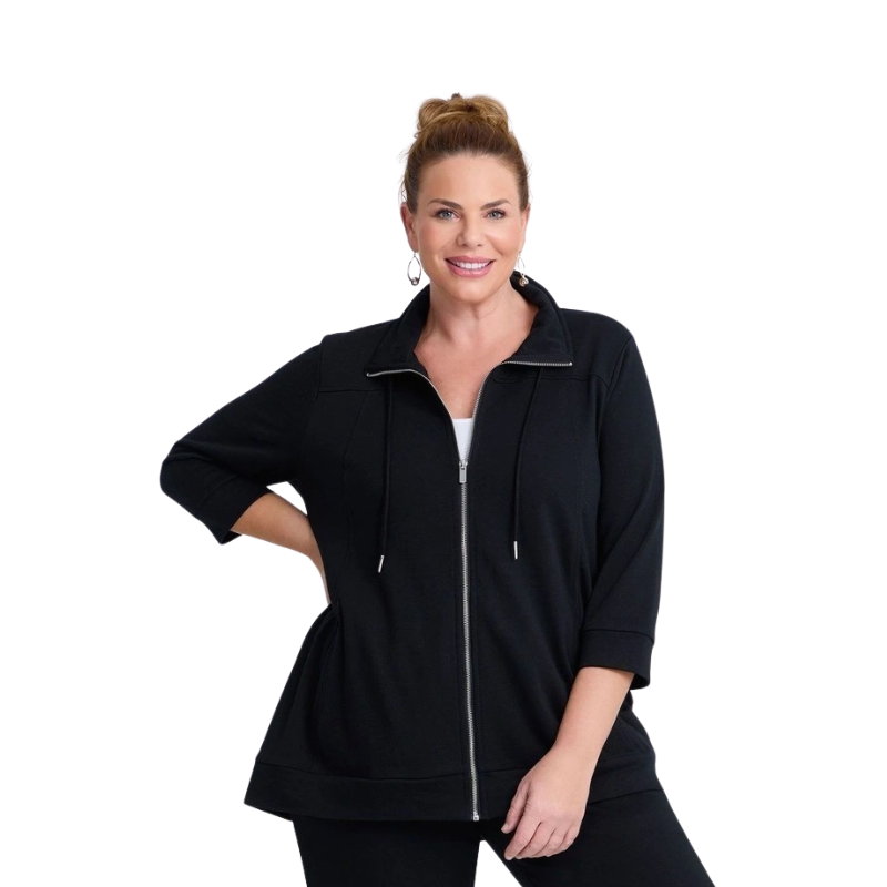 Taking Shape Active Sweat Jacket in Black – plus size women’s cotton blend jacket with adjustable hood, zip front, and kangaroo pocket