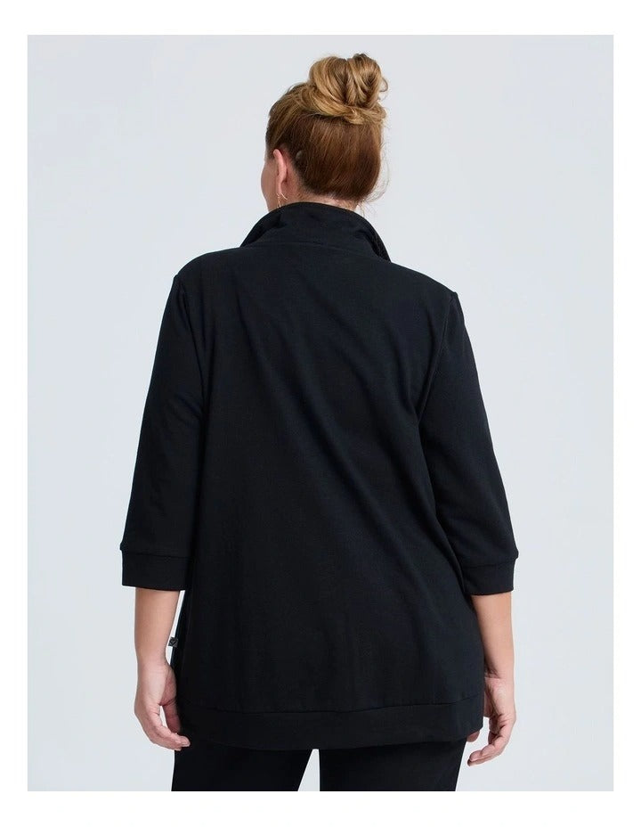Taking Shape Active Sweat Jacket in Black – plus size women’s cotton blend jacket with adjustable hood, zip front, and kangaroo pocket
