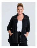 Taking Shape Active Sweat Jacket in Black – plus size women’s cotton blend jacket with adjustable hood, zip front, and kangaroo pocket
