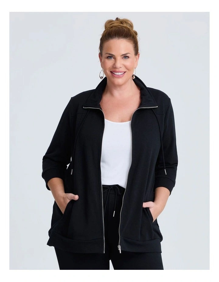 Taking Shape Active Sweat Jacket in Black – plus size women’s cotton blend jacket with adjustable hood, zip front, and kangaroo pocket