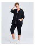 Taking Shape Active Sweat Jacket in Black – plus size women’s cotton blend jacket with adjustable hood, zip front, and kangaroo pocket