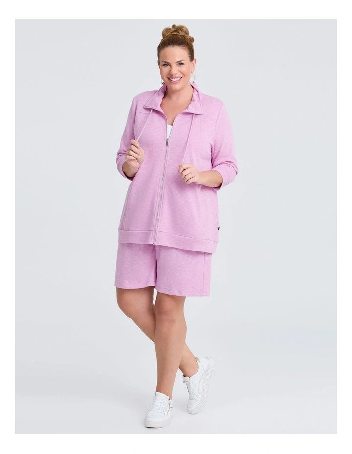 Taking Shape Active Sweat Jacket in Lilac, featuring adjustable hood, ribbed cuffs, and kangaroo pockets, perfect for casual outings and workouts