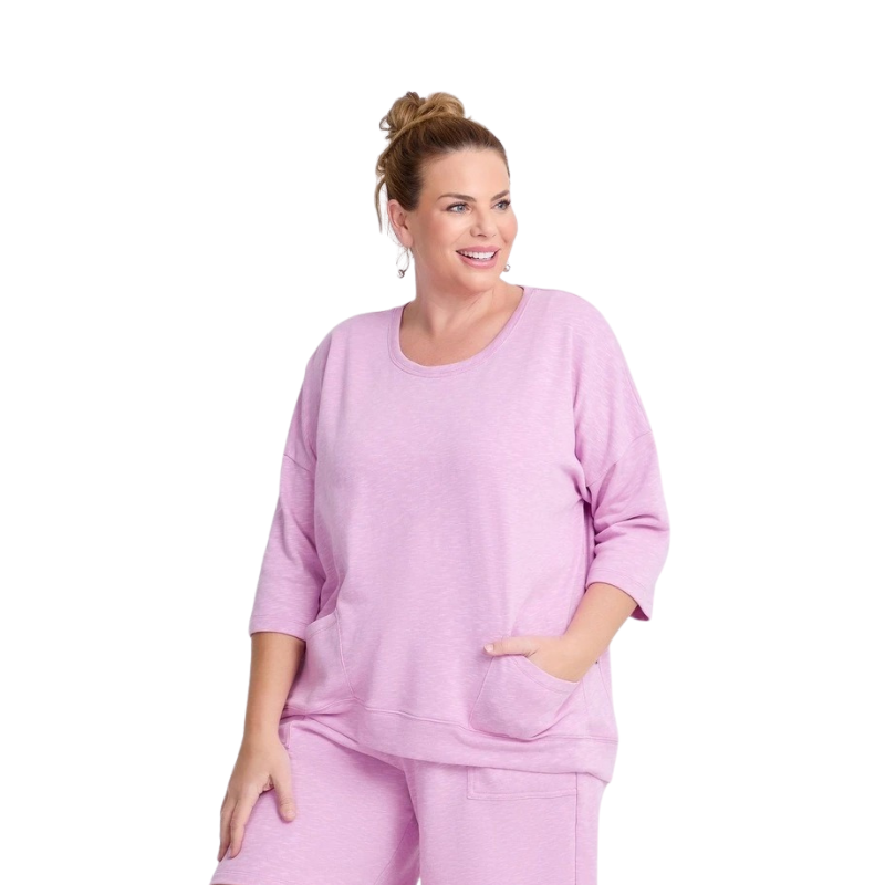 Taking Shape Patch Pocket Sweat in Lilac – plus size cotton-blend top with oversized patch pockets, round neckline, and relaxed fit
