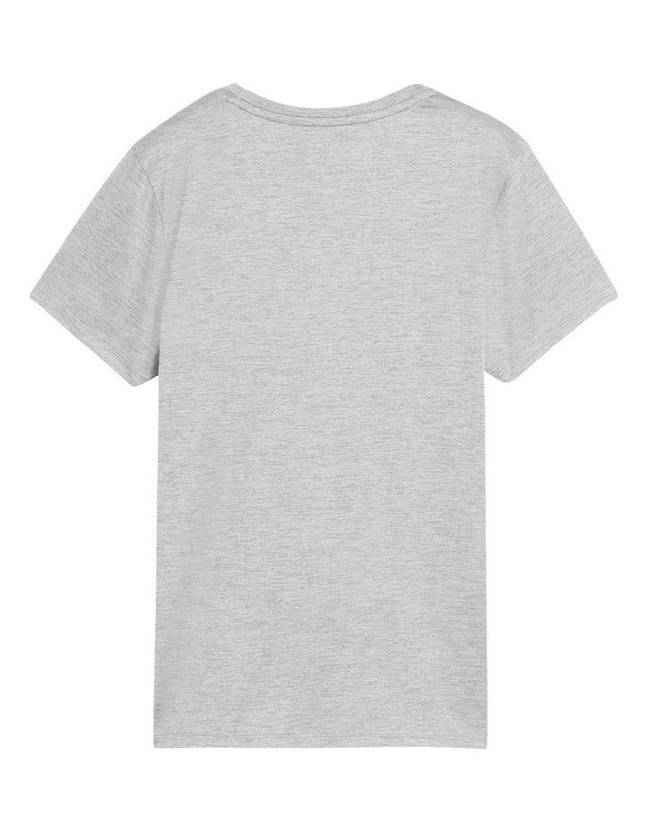 Gray t-shirt with a black outline of a cat logo on a white background