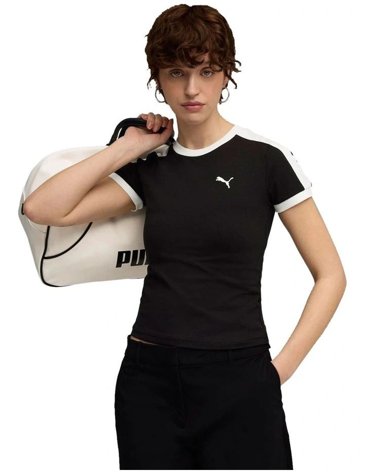 Puma T7 Slim Tee with T7 panel inserts, rib neckline, rib cuffs, and embroidered Cat Logo on chest – slim fit athletic t-shirt made with recycled polyester and elastane