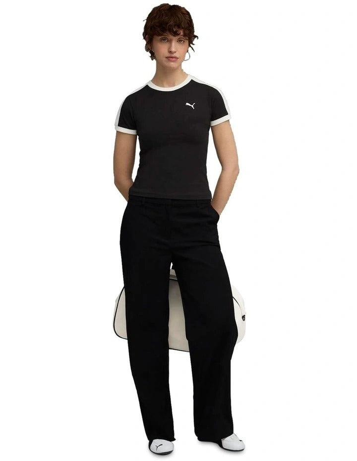 Puma T7 Slim Tee with T7 panel inserts, rib neckline, rib cuffs, and embroidered Cat Logo on chest – slim fit athletic t-shirt made with recycled polyester and elastane