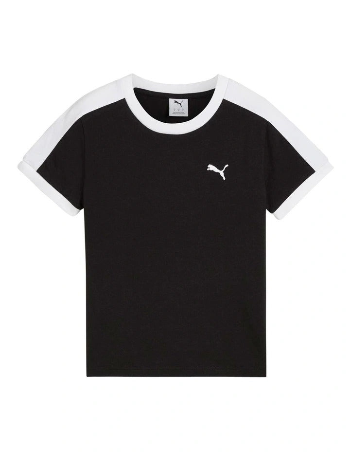 Puma T7 Slim Tee with T7 panel inserts, rib neckline, rib cuffs, and embroidered Cat Logo on chest – slim fit athletic t-shirt made with recycled polyester and elastane