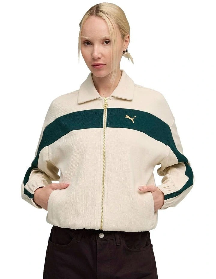 Puma T7 Relaxed Track Jacket with cotton polyester blend, full zip closure, shirt collar, welt zipper pockets, and embroidered Puma cat logo
