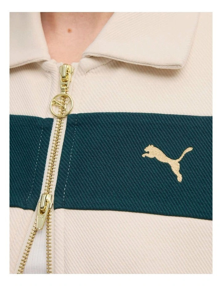 Puma T7 Relaxed Track Jacket with cotton polyester blend, full zip closure, shirt collar, welt zipper pockets, and embroidered Puma cat logo
