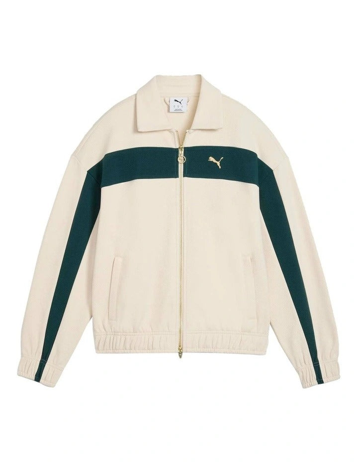 Puma T7 Relaxed Track Jacket with cotton polyester blend, full zip closure, shirt collar, welt zipper pockets, and embroidered Puma cat logo