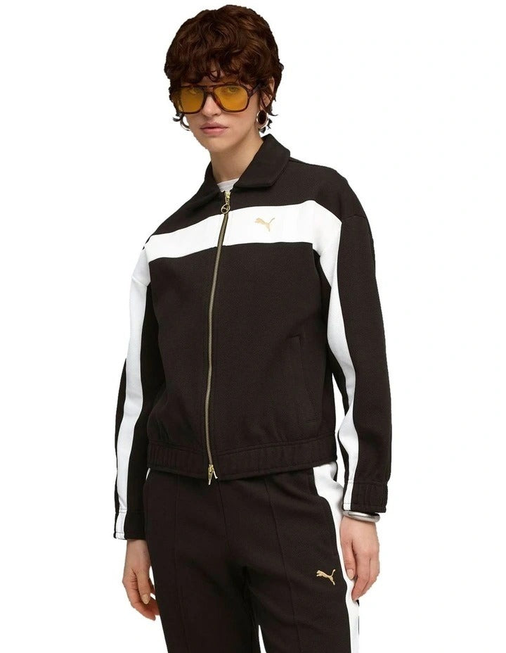 Puma T7 Relaxed Track Jacket with cotton blend, T7 panel inserts, full-zip closure, welt pockets, and Cat Logo embroidery
