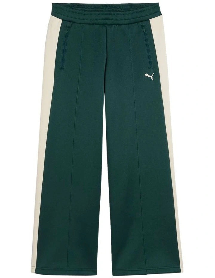 Puma T7 Low Rise Track Pants in black with 7cm signature stripes, elasticated waistband, zipper pockets, and Cat Logo embroidery