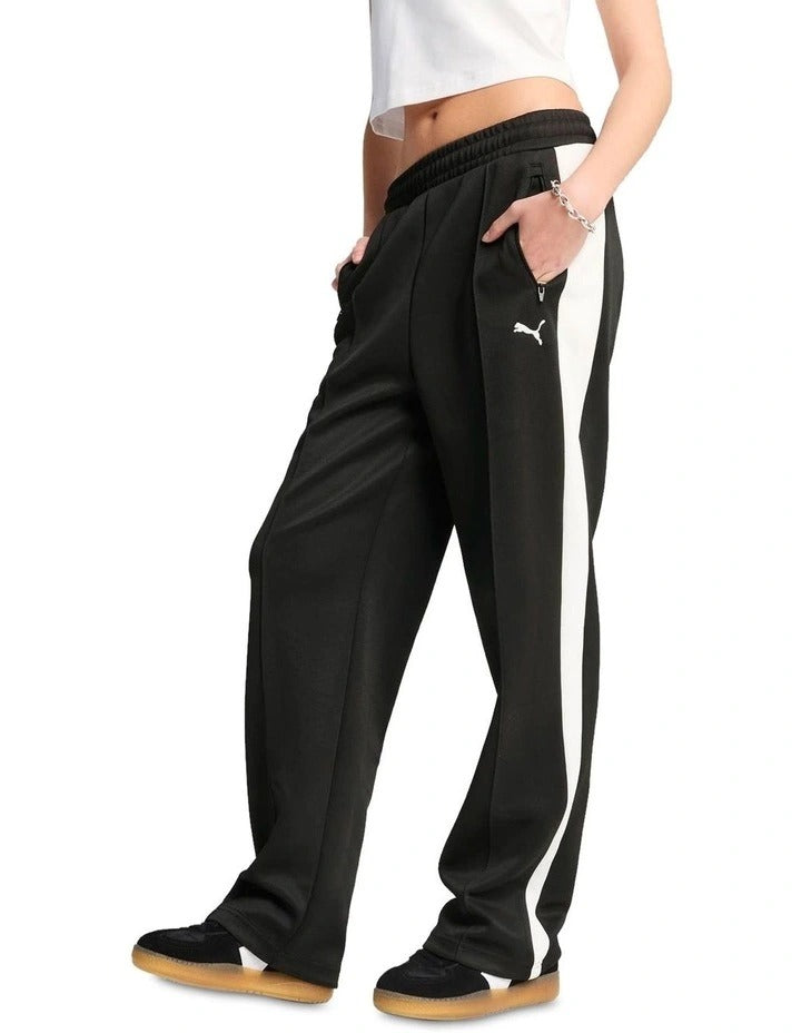 Puma T7 Always On Straight Pants with recycled polyester blend, side stripe panel inserts, zippered seam pockets, elastic waistband, and embroidered Cat Logo
