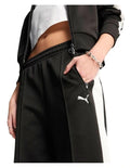 Puma T7 Always On Straight Pants with recycled polyester blend, side stripe panel inserts, zippered seam pockets, elastic waistband, and embroidered Cat Logo