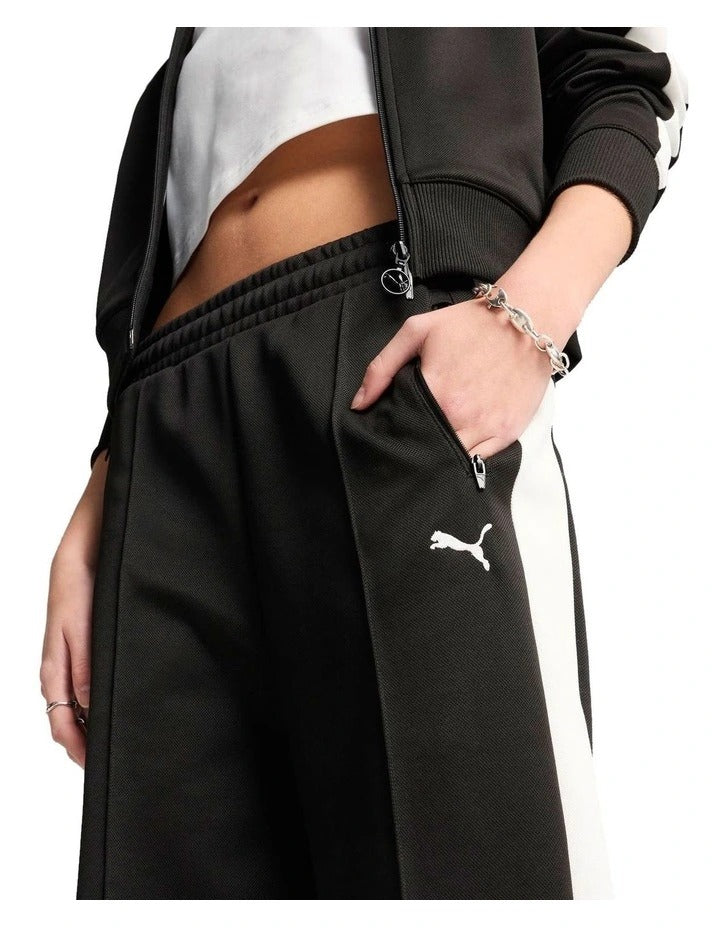 Puma T7 Always On Straight Pants with recycled polyester blend, side stripe panel inserts, zippered seam pockets, elastic waistband, and embroidered Cat Logo