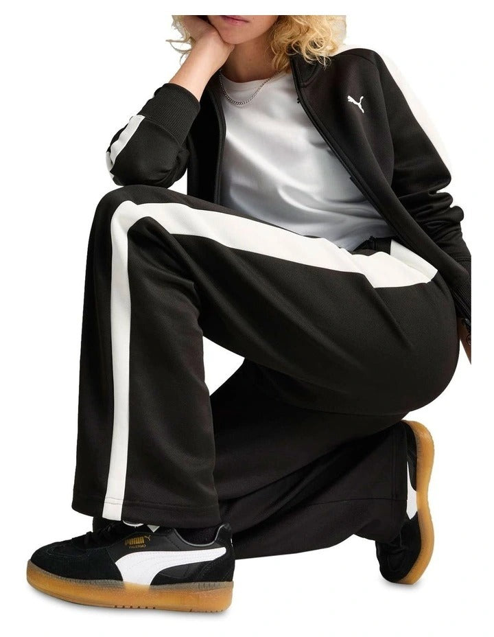 Puma T7 Always On Straight Pants with recycled polyester blend, side stripe panel inserts, zippered seam pockets, elastic waistband, and embroidered Cat Logo