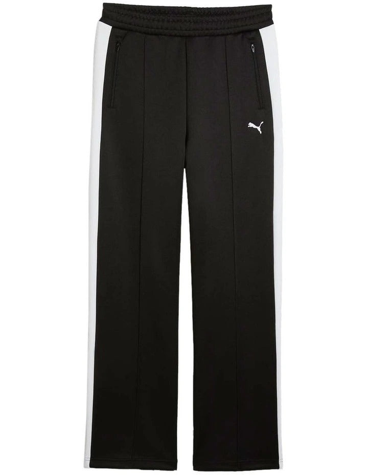 Puma T7 Always On Straight Pants with recycled polyester blend, side stripe panel inserts, zippered seam pockets, elastic waistband, and embroidered Cat Logo