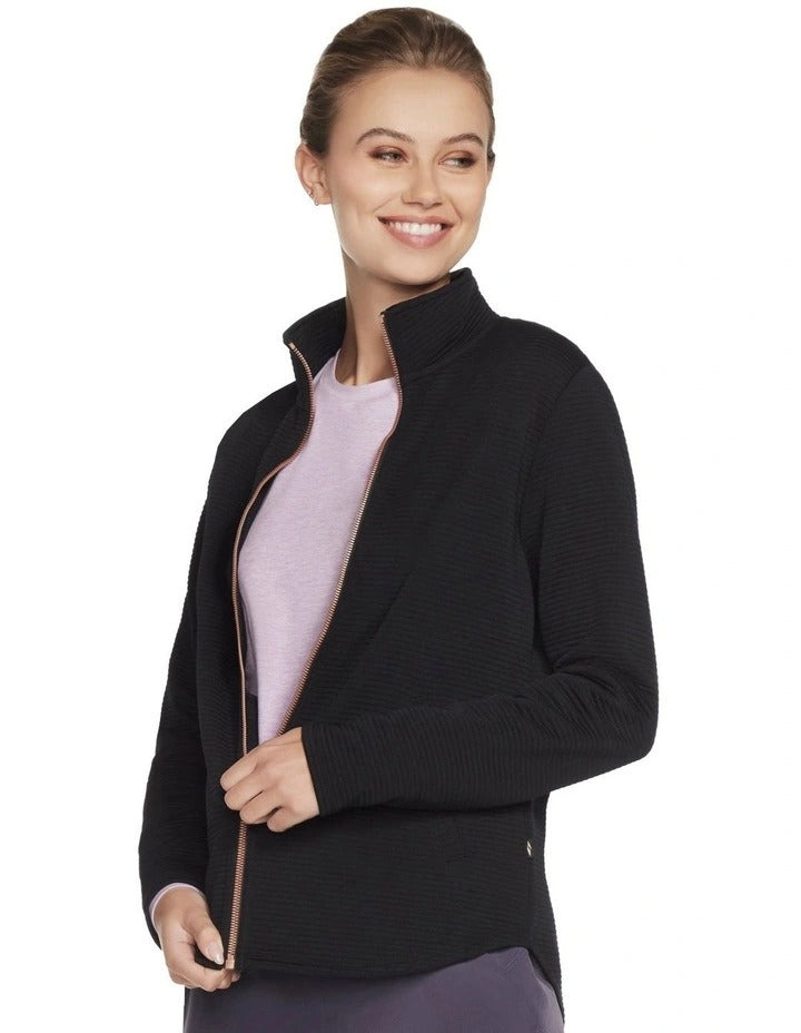 Skechers Hoodless Hoodie GOwalk Shine Jacket 78 in Black – Women’s lightweight active jacket with sleek shine finish and modern hoodless design