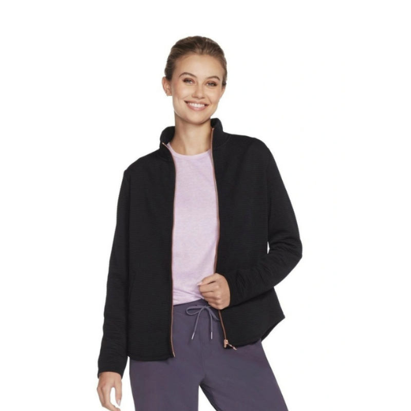 Skechers Hoodless Hoodie GOwalk Shine Jacket 78 in Black – Women’s lightweight active jacket with sleek shine finish and modern hoodless design