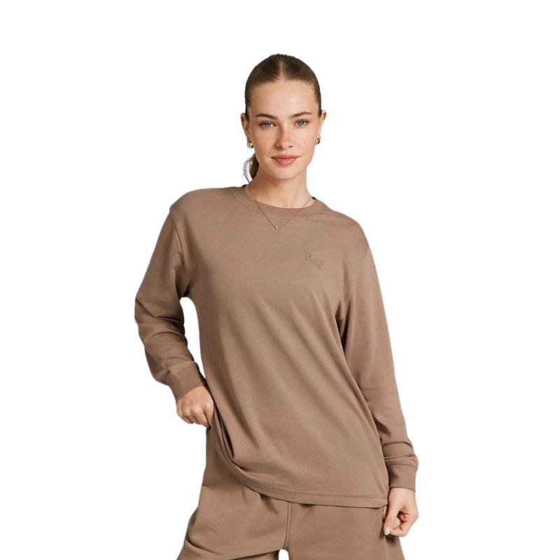 Rockwear Heavyweight Oversize Long Sleeve Tee in Caramel, offering relaxed fit and full-length comfort.