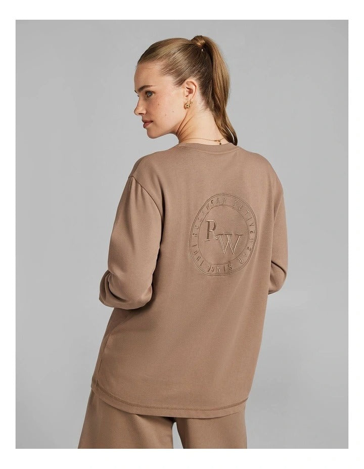 Rockwear Heavyweight Oversize Long Sleeve Tee in Caramel, offering relaxed fit and full-length comfort.