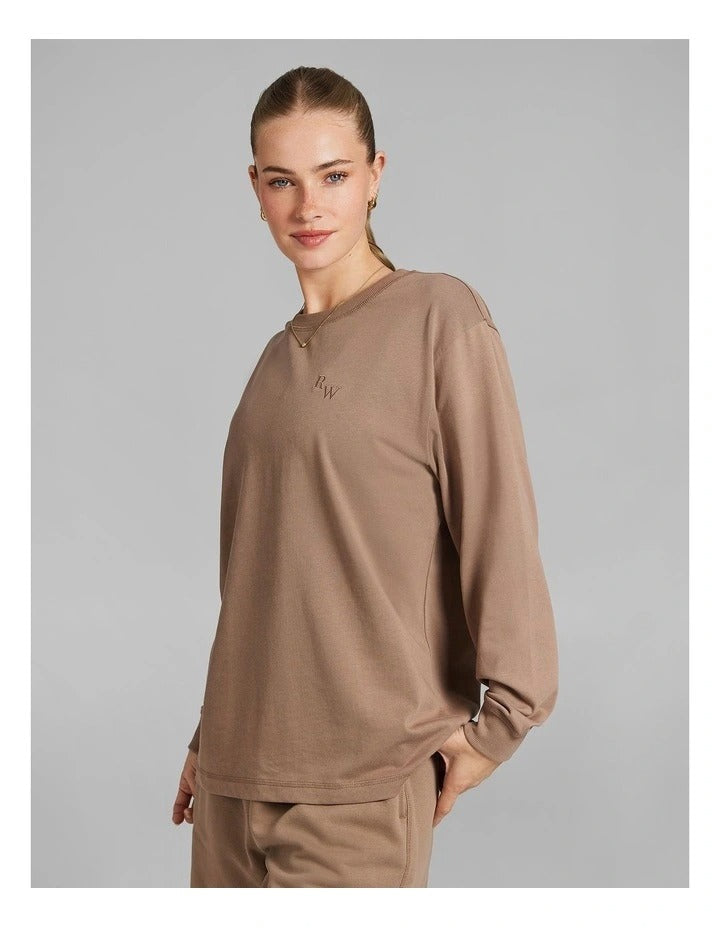 Rockwear Heavyweight Oversize Long Sleeve Tee in Caramel, offering relaxed fit and full-length comfort.